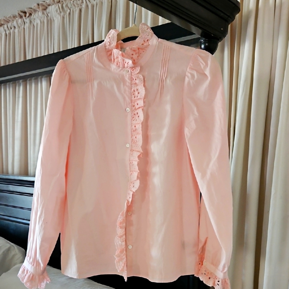 Pink Lace Trim Blouse Broiderie Size Small